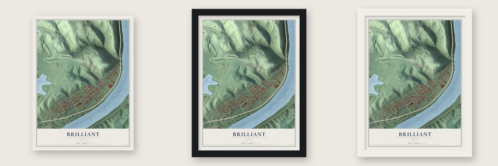 Brilliant, Ohio map unframed, in a black wood frame and in a white wood frame