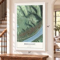 Brilliant, Ohio map, 24 x 36 inch print in a white frame by a staircase
