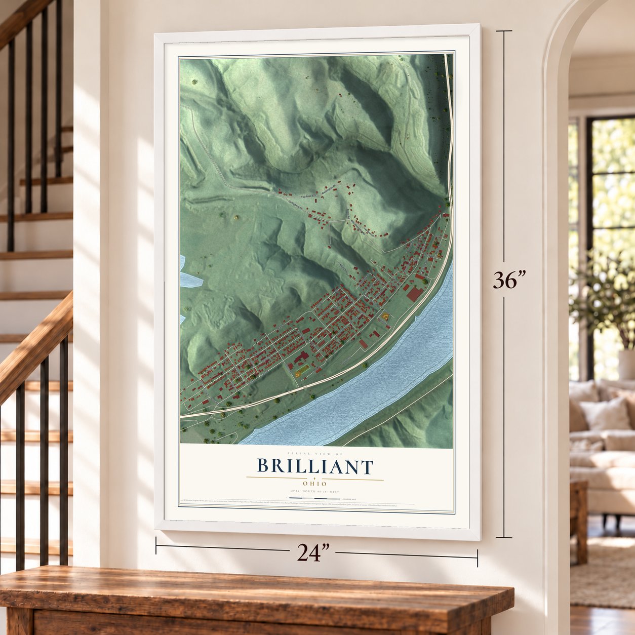 Brilliant, Ohio map, 24 x 36 inch print in a white frame by a staircase