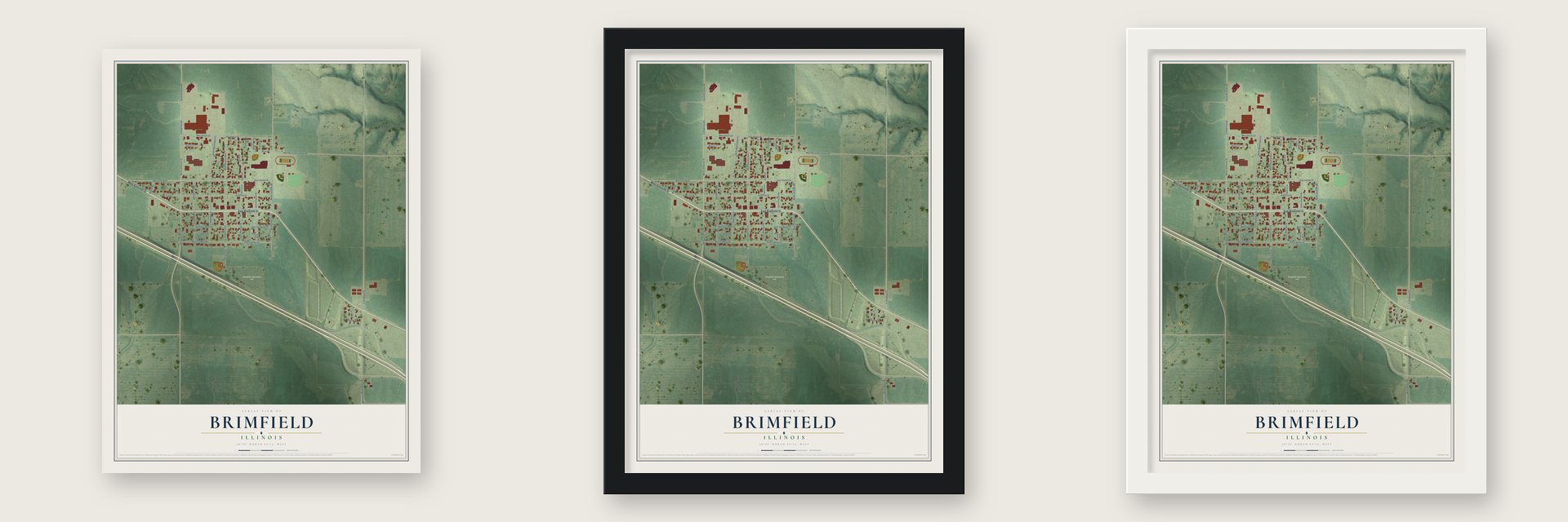 Brimfield, Illinois map unframed, in a black wood frame and in a white wood frame