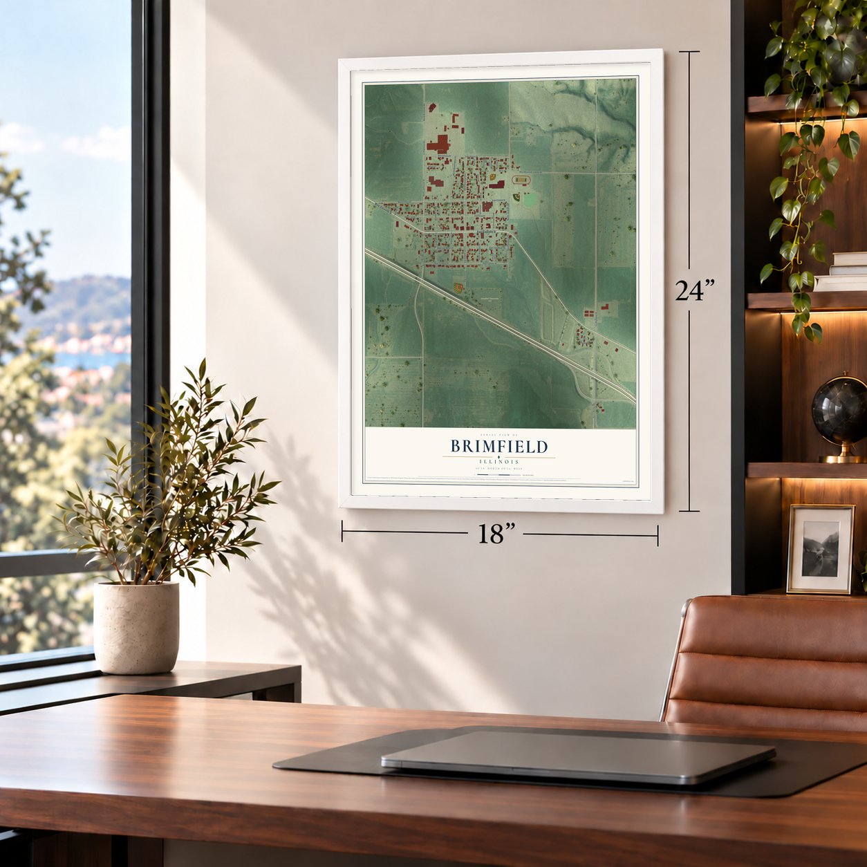 Brimfield, Illinois map, 18 x 24 inch print in a white frame in a home office
