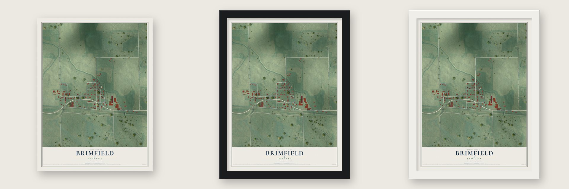 Brimfield, Indiana map unframed, in a black wood frame and in a white wood frame