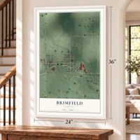 Brimfield, Indiana map, 24 x 36 inch print in a white frame by a staircase