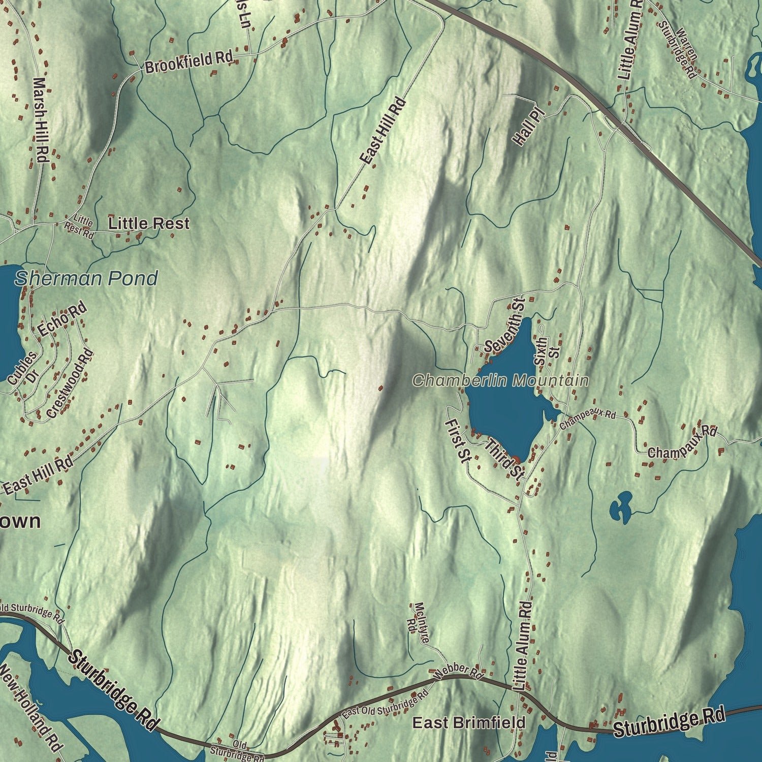 Close-up of the map of Brimfield, Massachusetts print showing terrain and local geography