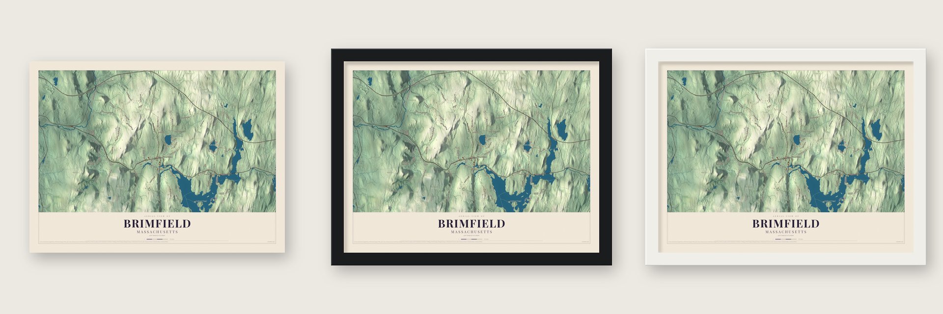 Brimfield, Massachusetts map unframed, in a black wood frame and in a white wood frame