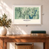 Brimfield, Massachusetts map, 12 x 18 inch print in a white frame in an entryway
