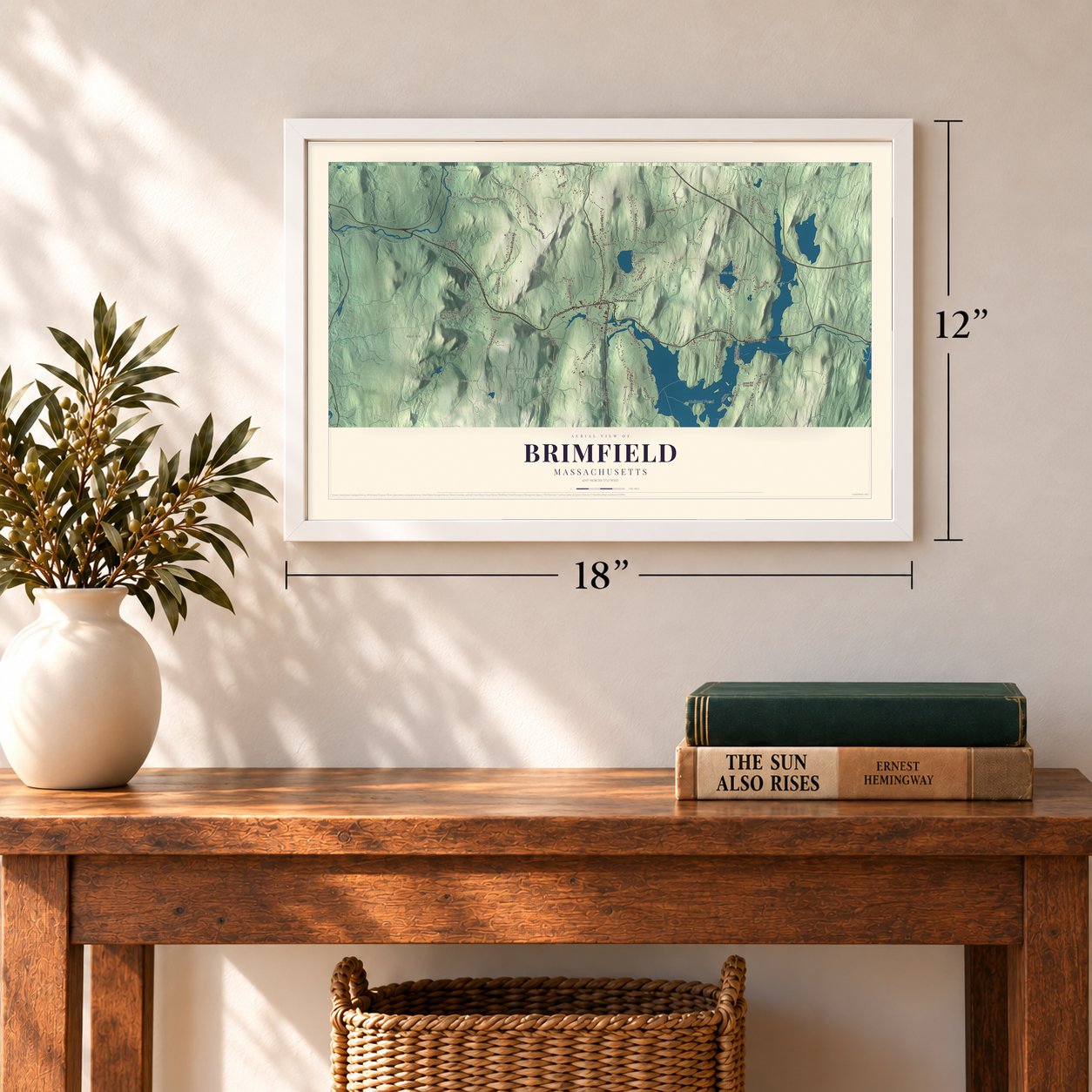 Brimfield, Massachusetts map, 12 x 18 inch print in a white frame in an entryway