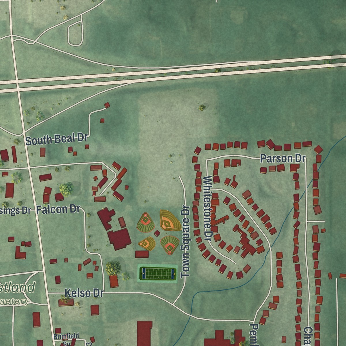 Second close-up of the map of Brimfield, Ohio print showing more streets and buildings