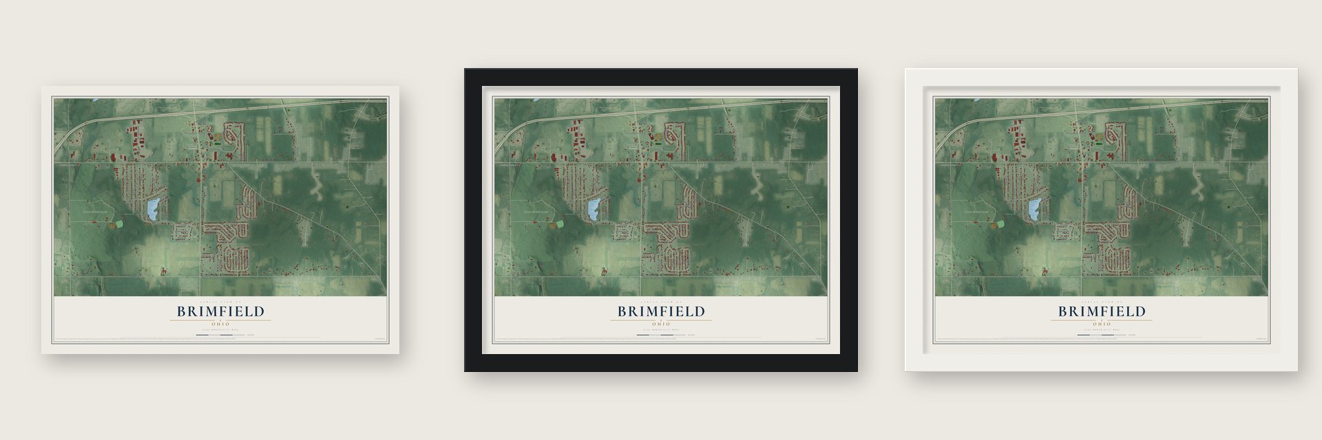 Brimfield, Ohio map unframed, in a black wood frame and in a white wood frame