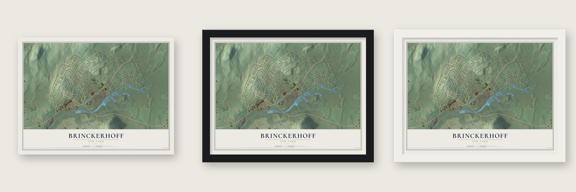 Brinckerhoff, New York map unframed, in a black wood frame and in a white wood frame