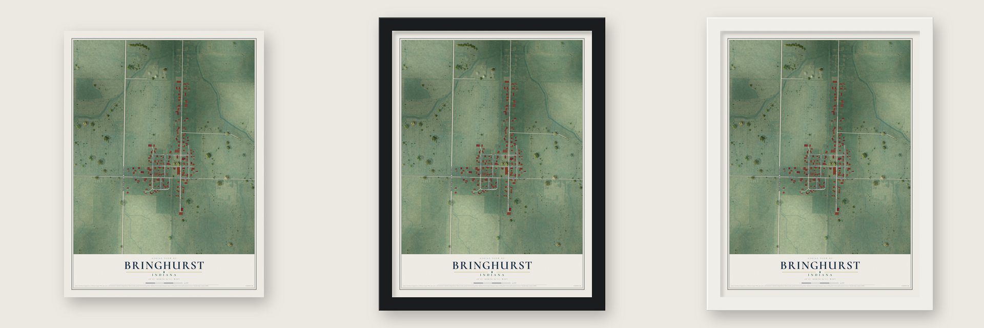 Bringhurst, Indiana map unframed, in a black wood frame and in a white wood frame