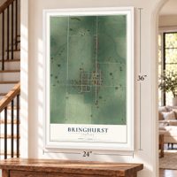 Bringhurst, Indiana map, 24 x 36 inch print in a white frame by a staircase