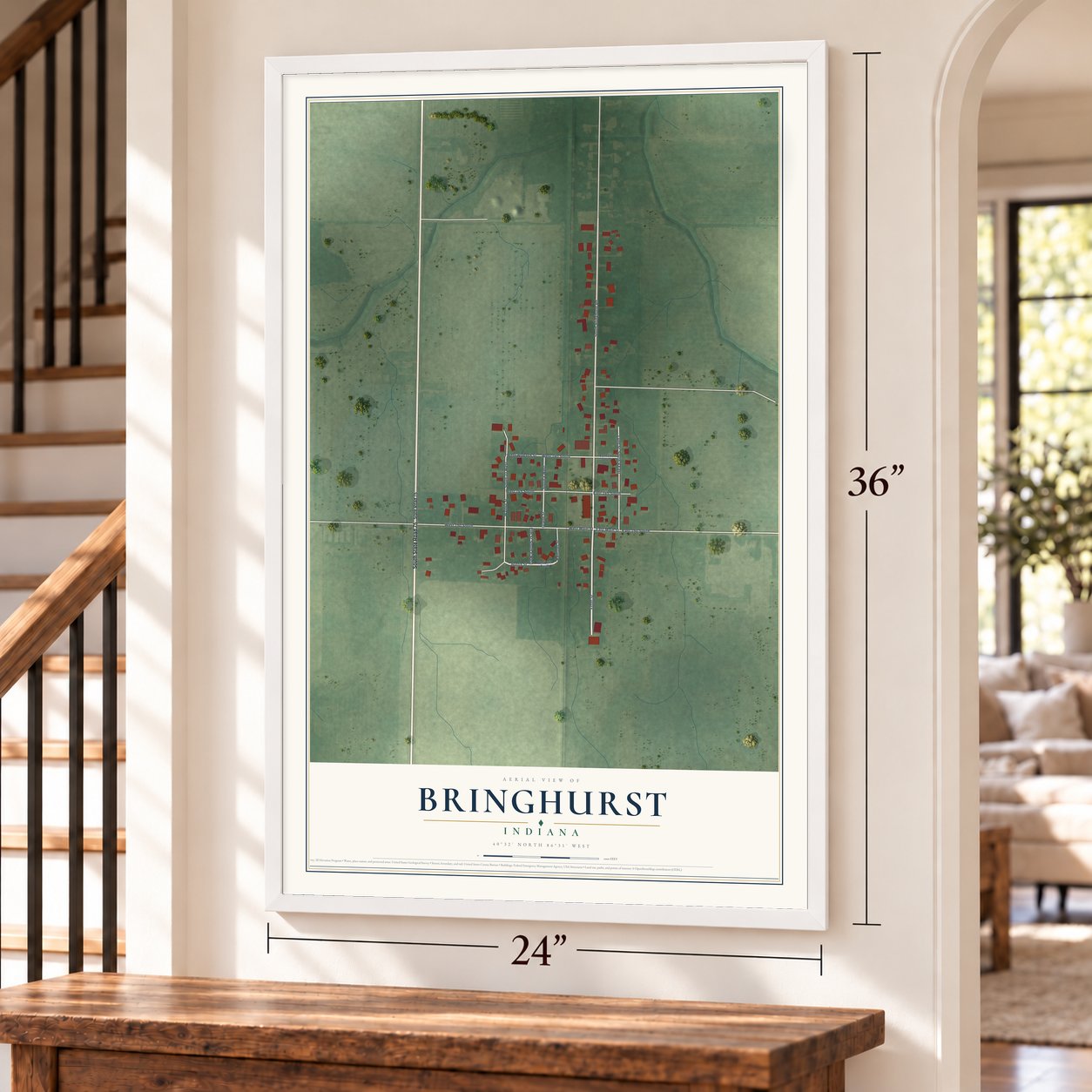 Bringhurst, Indiana map, 24 x 36 inch print in a white frame by a staircase