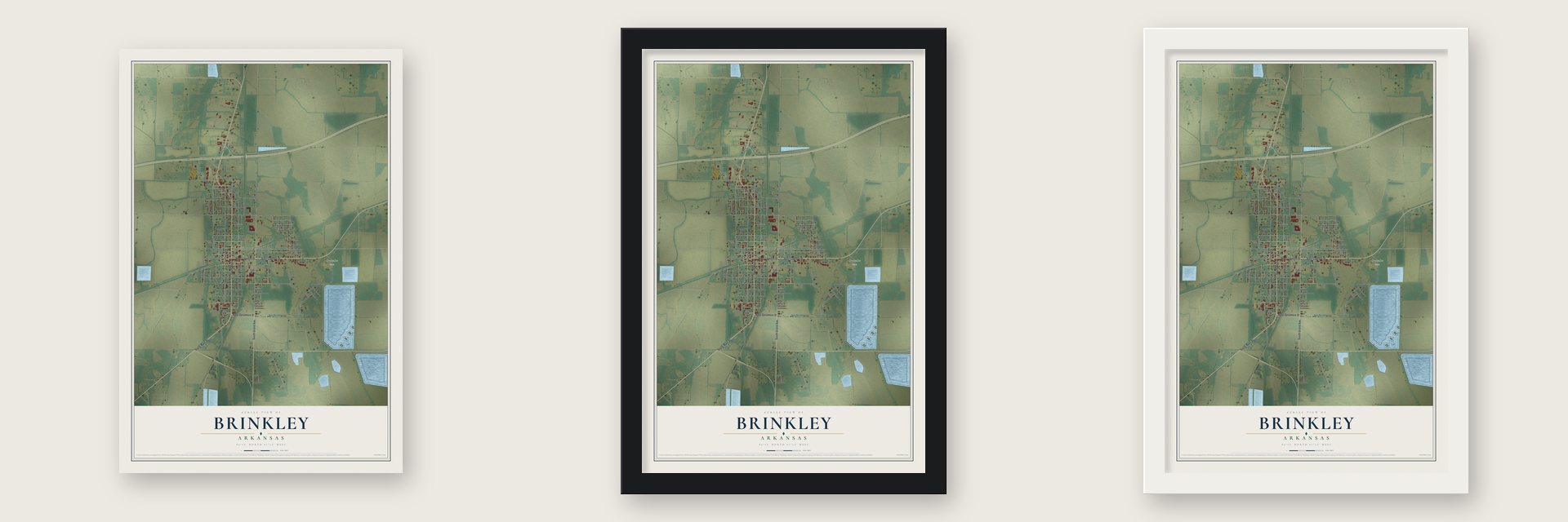 Brinkley, Arkansas map unframed, in a black wood frame and in a white wood frame
