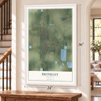 Brinkley, Arkansas map, 24 x 36 inch print in a white frame by a staircase