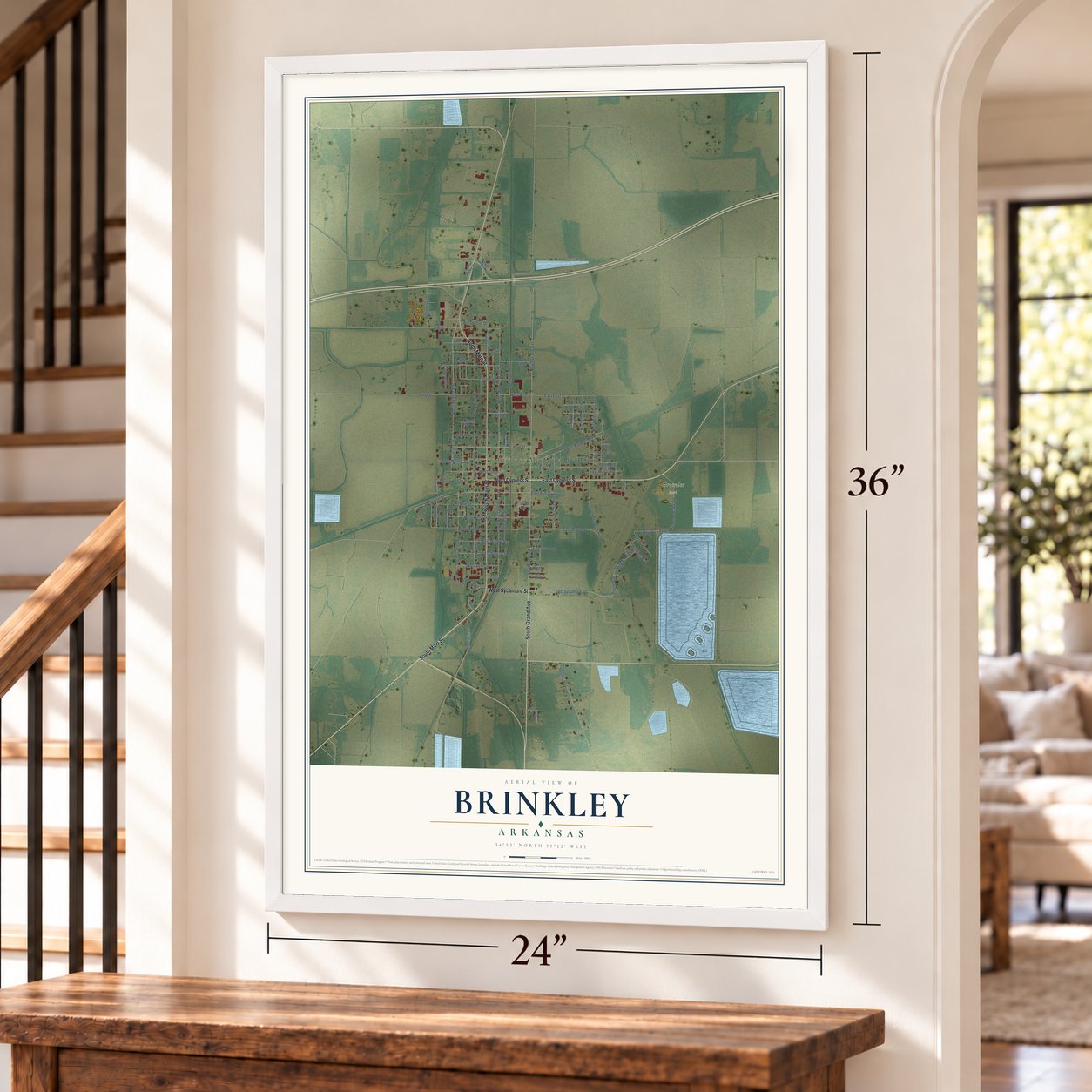 Brinkley, Arkansas map, 24 x 36 inch print in a white frame by a staircase