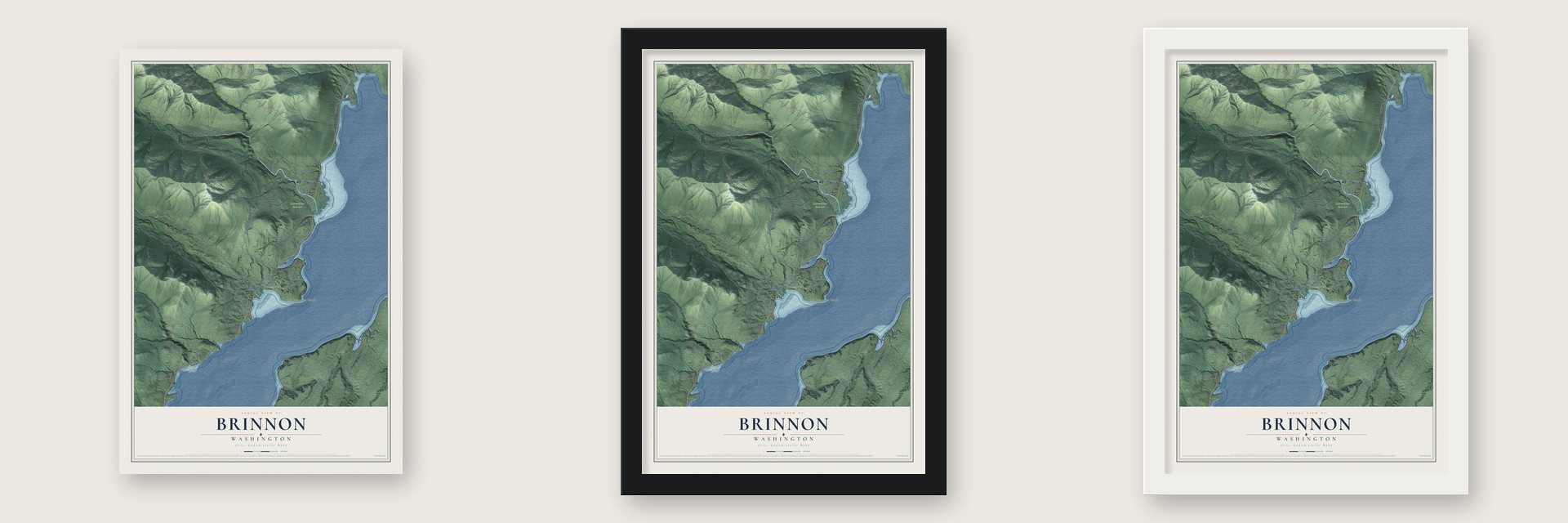 Brinnon, Washington map unframed, in a black wood frame and in a white wood frame