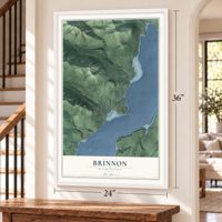 Brinnon, Washington map, 24 x 36 inch print in a white frame by a staircase