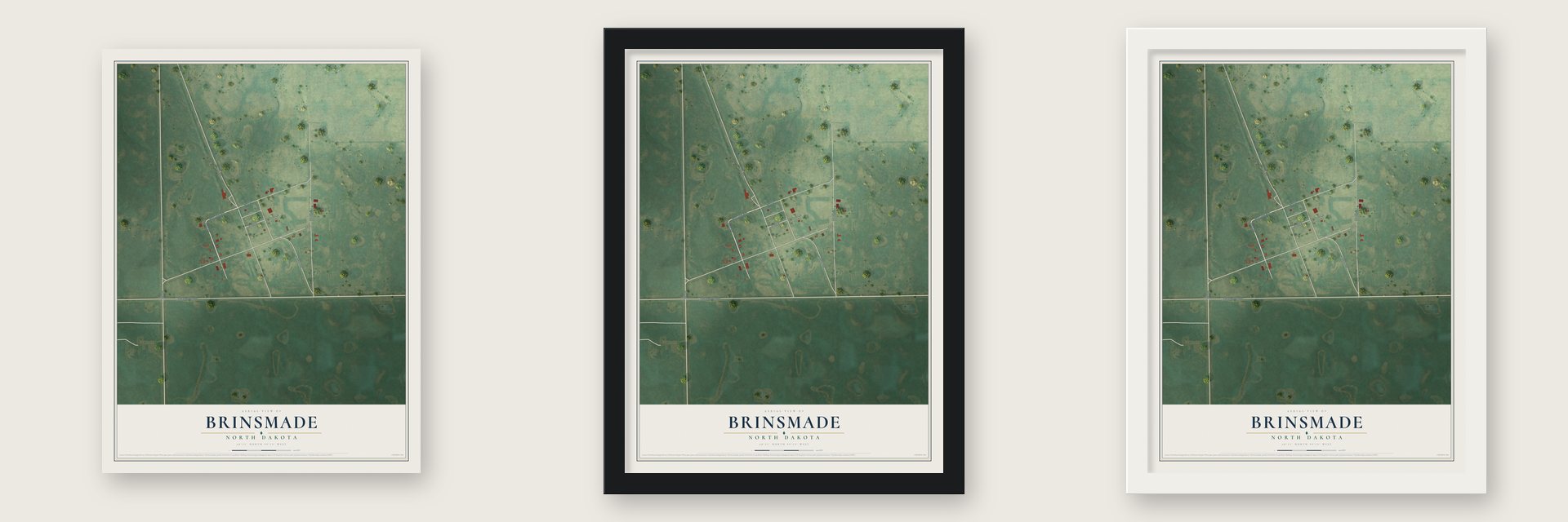 Brinsmade, North Dakota map unframed, in a black wood frame and in a white wood frame