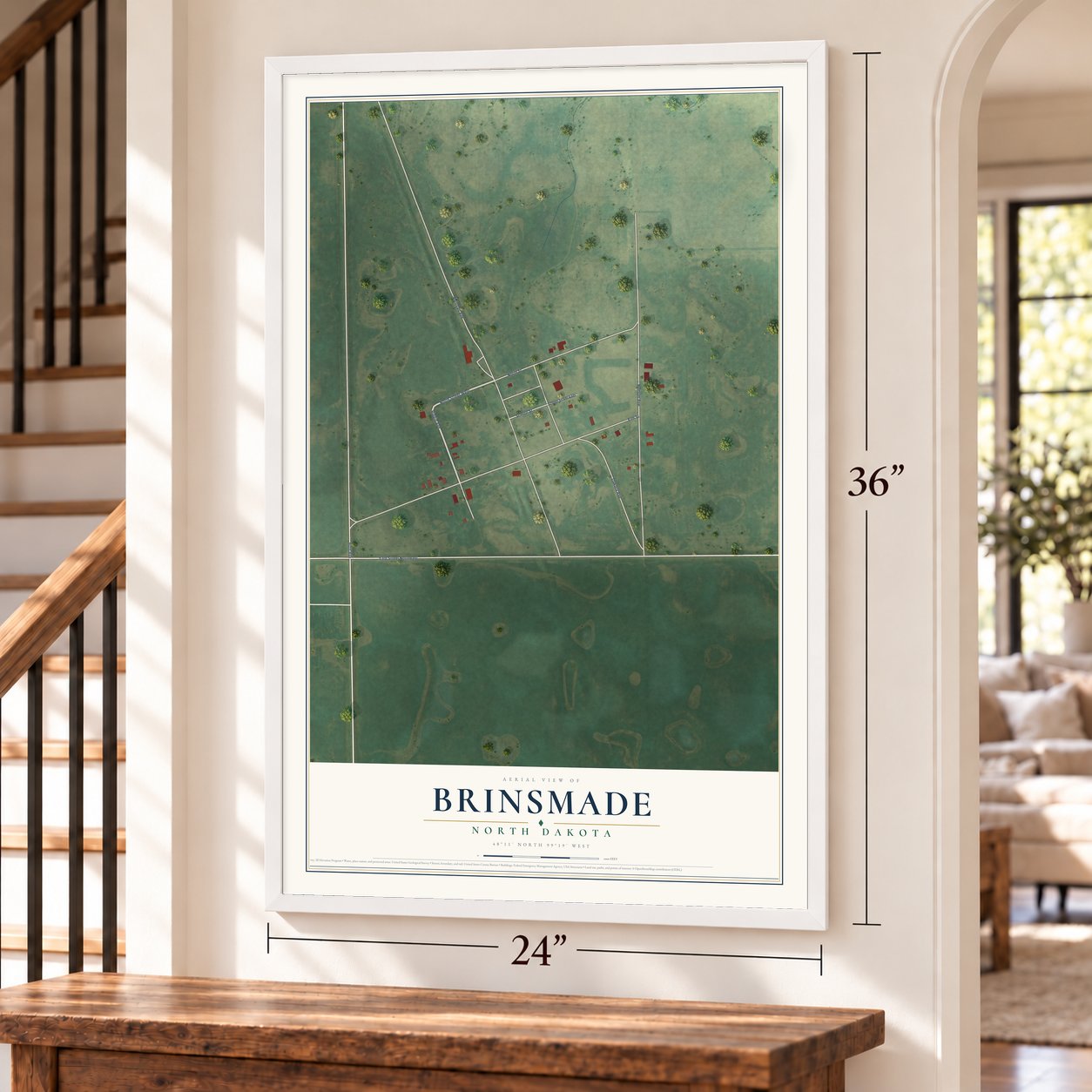 Brinsmade, North Dakota map, 24 x 36 inch print in a white frame by a staircase