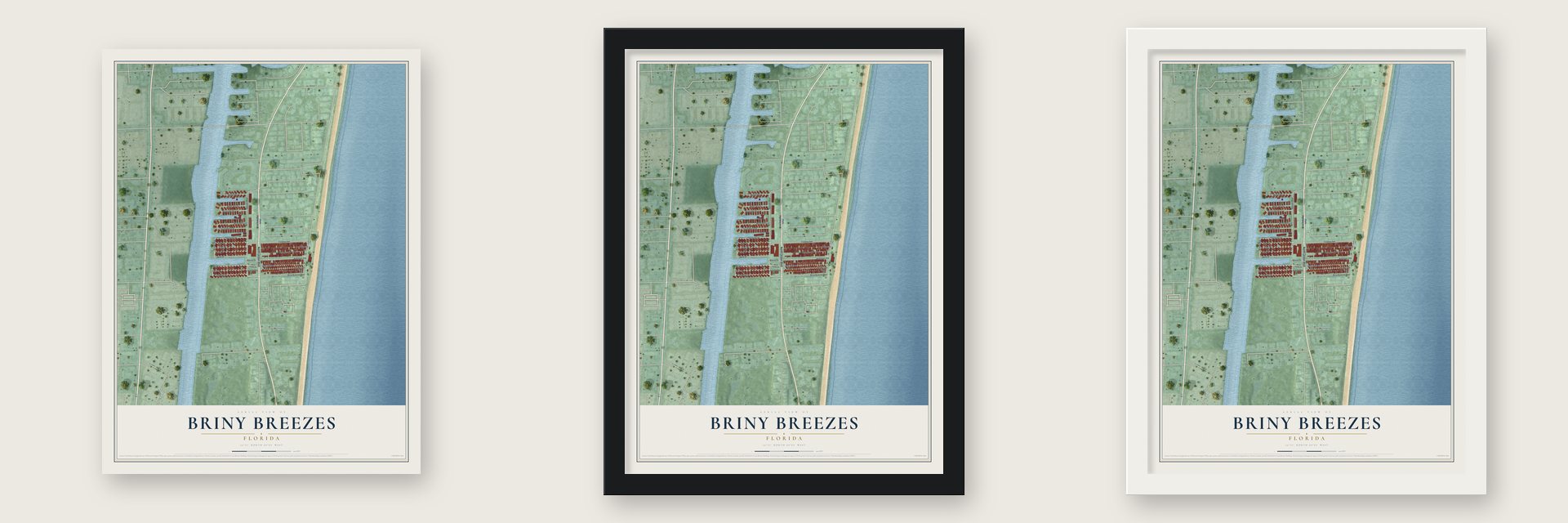 Briny Breezes, Florida map unframed, in a black wood frame and in a white wood frame