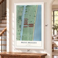 Briny Breezes, Florida map, 24 x 36 inch print in a white frame by a staircase