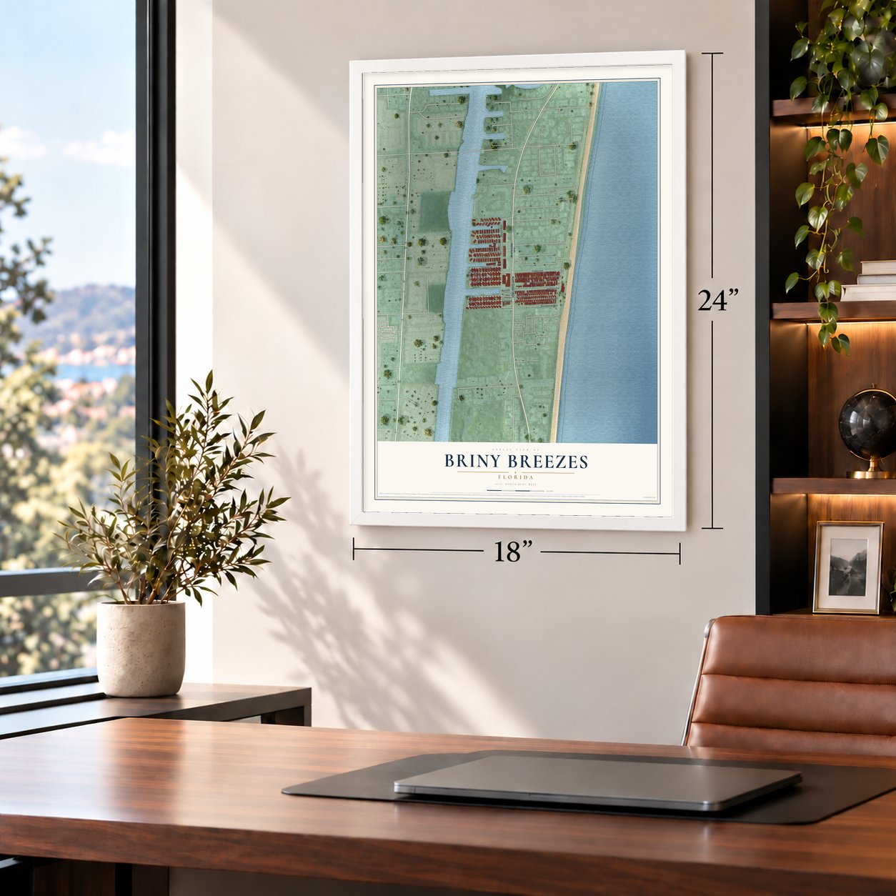 Briny Breezes, Florida map, 18 x 24 inch print in a white frame in a home office
