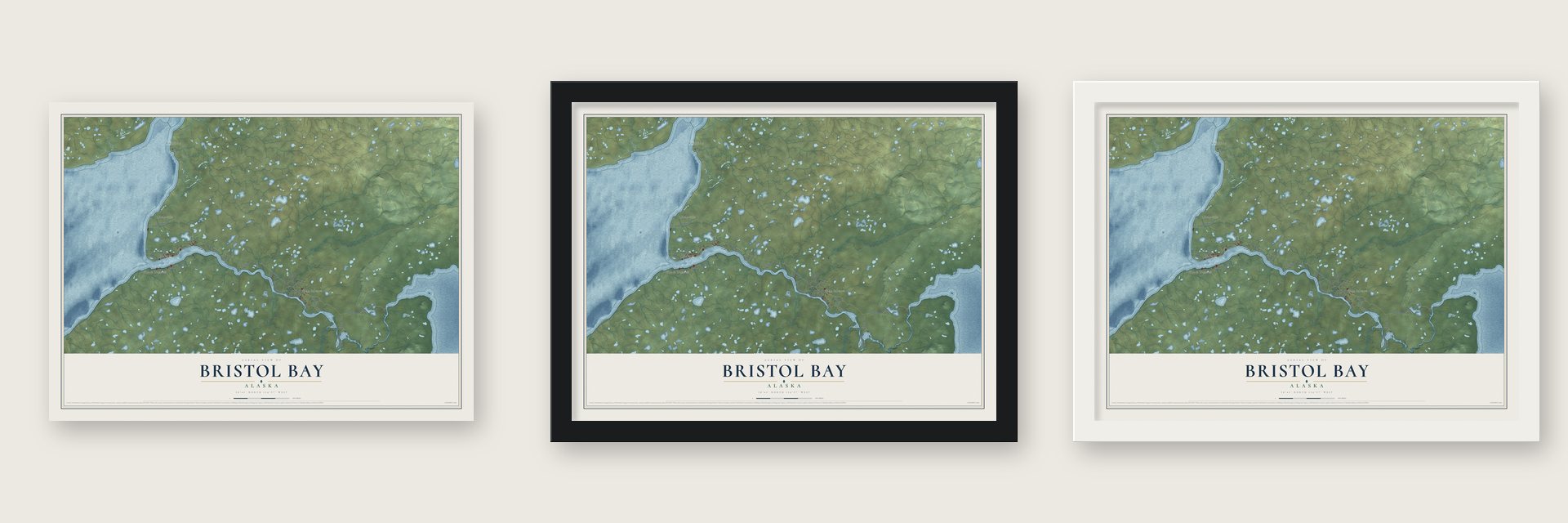 Bristol Bay, Alaska map unframed, in a black wood frame and in a white wood frame
