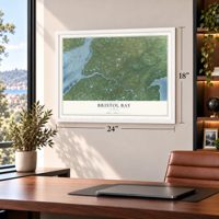 Bristol Bay, Alaska map, 18 x 24 inch print in a white frame in a home office