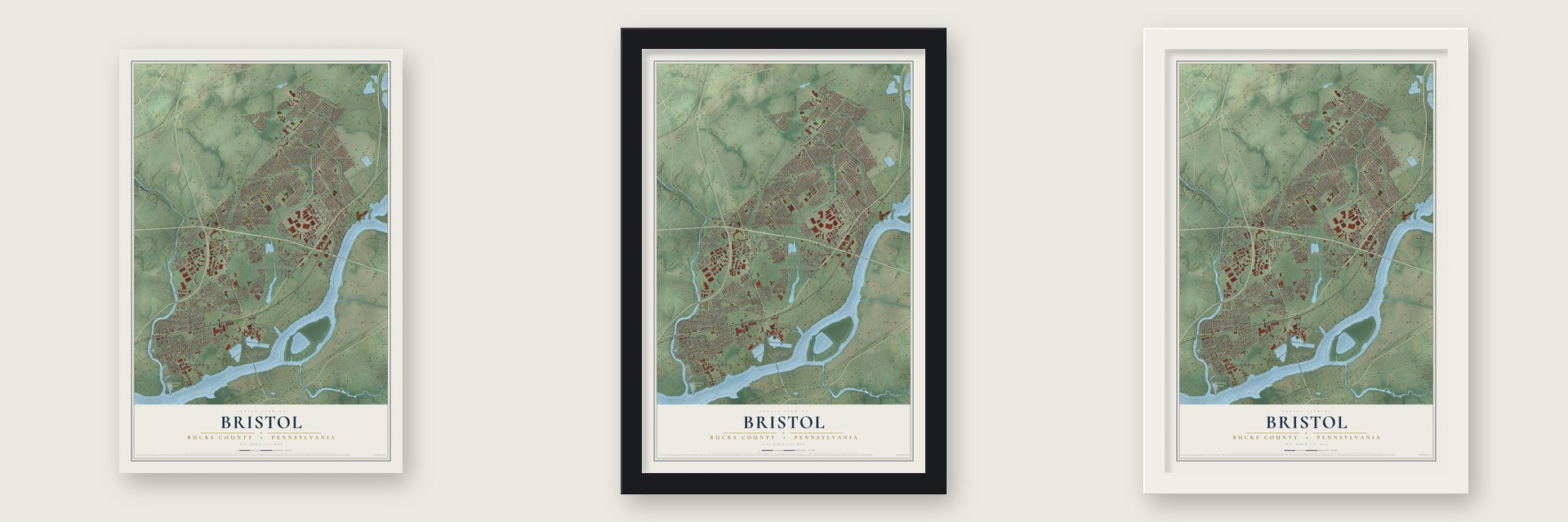 Bristol, Bucks County, Pennsylvania map unframed, in a black wood frame and in a white wood frame