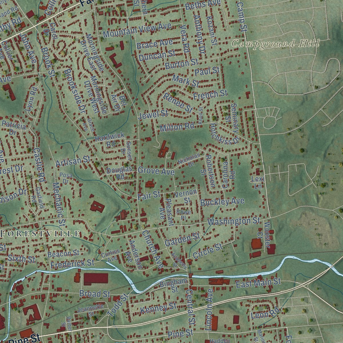 Second close-up of the map of Bristol, Connecticut print showing more streets and buildings