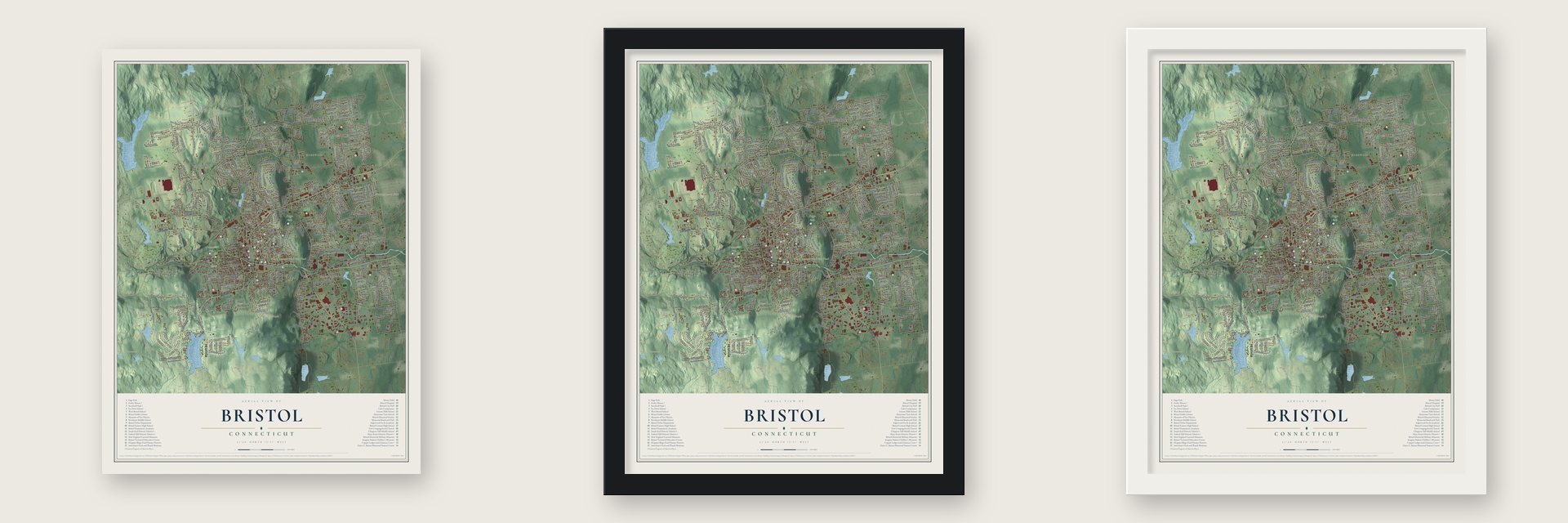 Bristol, Connecticut map unframed, in a black wood frame and in a white wood frame