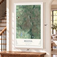 Bristol, Connecticut map, 24 x 36 inch print in a white frame by a staircase