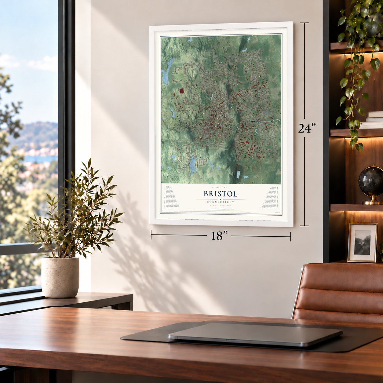 Bristol, Connecticut map, 18 x 24 inch print in a white frame in a home office
