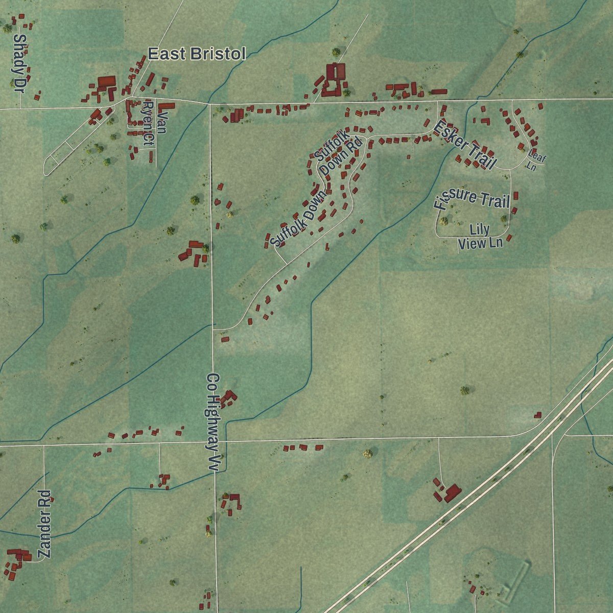 Second close-up of the map of Bristol, Dane County, Wisconsin print showing more streets and buildings