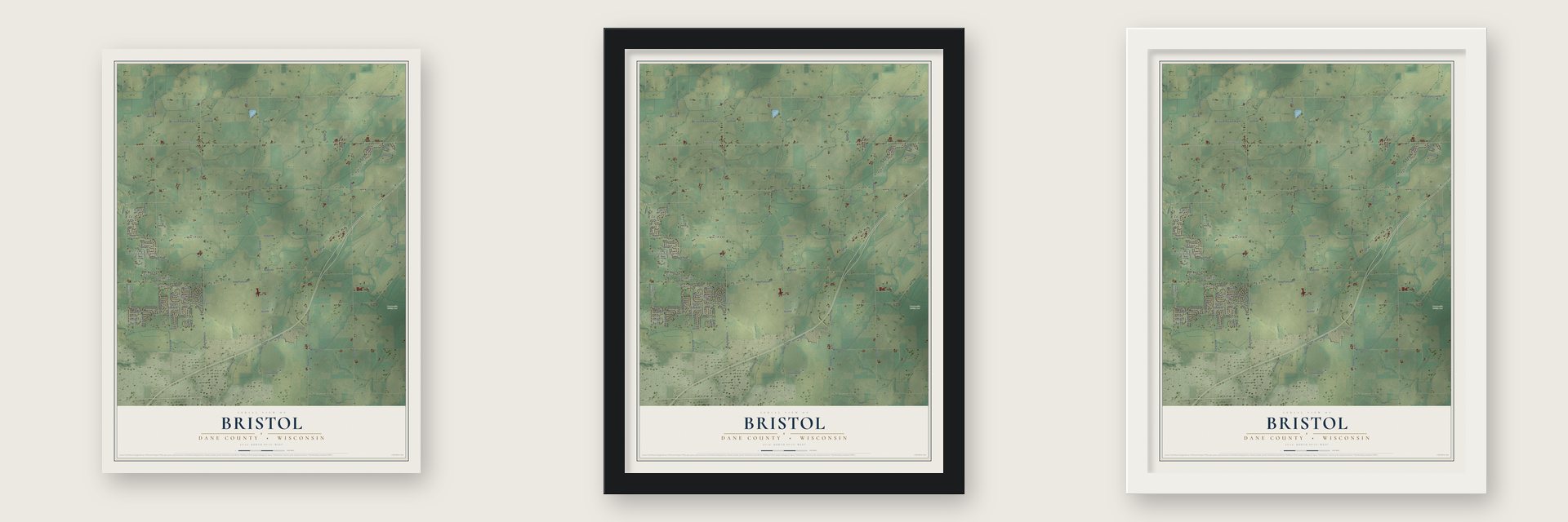 Bristol, Dane County, Wisconsin map unframed, in a black wood frame and in a white wood frame