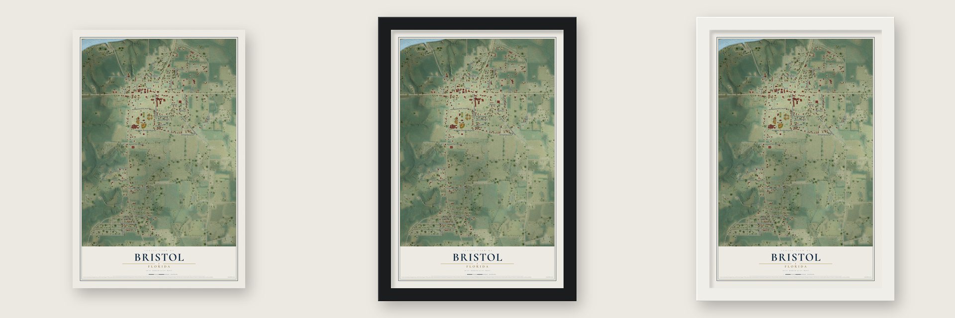Bristol, Florida map unframed, in a black wood frame and in a white wood frame