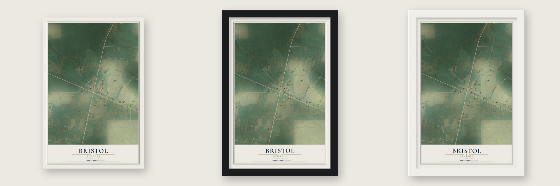 Bristol, Georgia map unframed, in a black wood frame and in a white wood frame