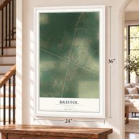 Bristol, Georgia map, 24 x 36 inch print in a white frame by a staircase