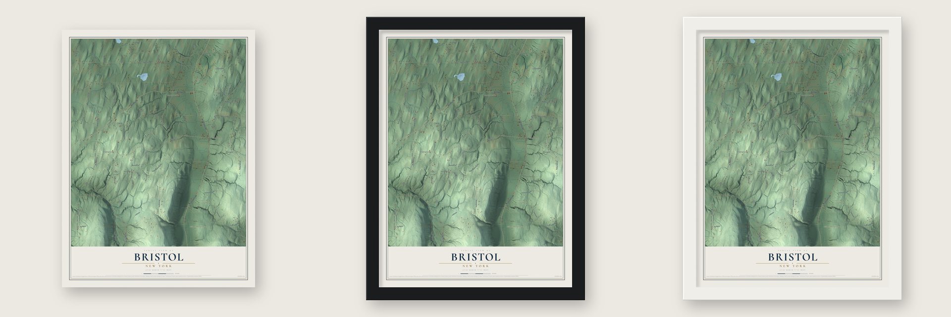 Bristol, New York map unframed, in a black wood frame and in a white wood frame
