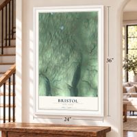 Bristol, New York map, 24 x 36 inch print in a white frame by a staircase