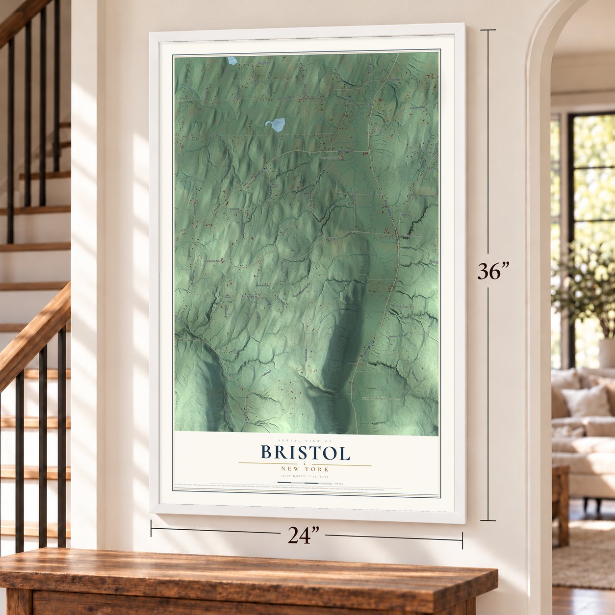 Bristol, New York map, 24 x 36 inch print in a white frame by a staircase