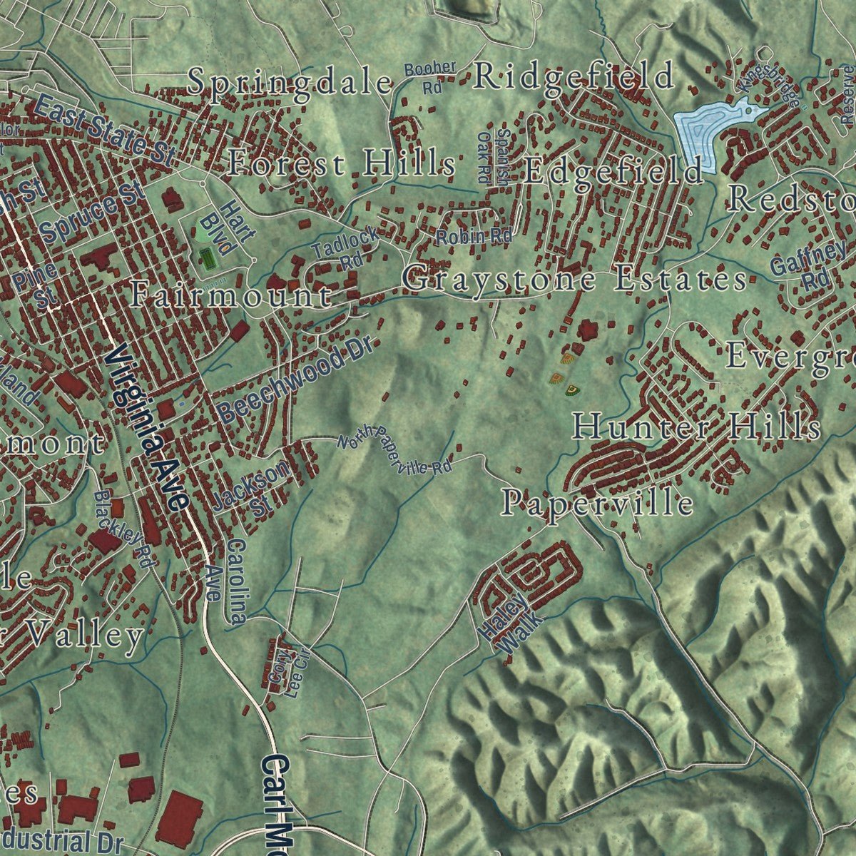Second close-up of the map of Bristol, Tennessee print showing more streets and buildings