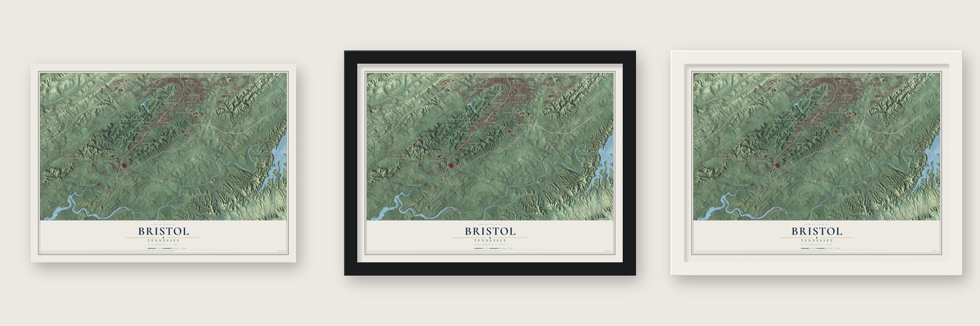 Bristol, Tennessee map unframed, in a black wood frame and in a white wood frame