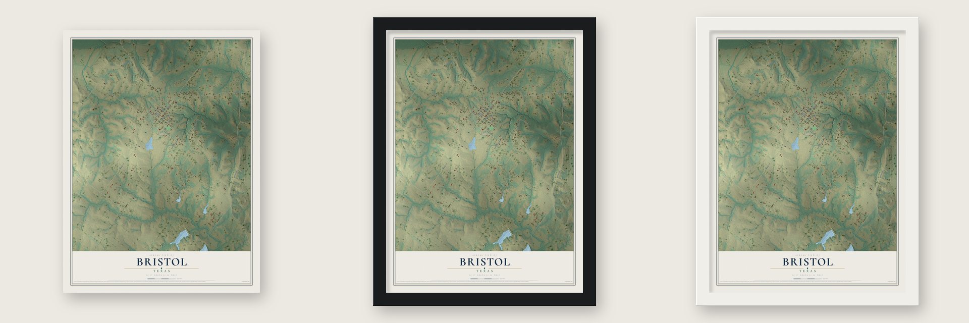 Bristol, Texas map unframed, in a black wood frame and in a white wood frame
