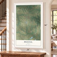 Bristol, Texas map, 24 x 36 inch print in a white frame by a staircase