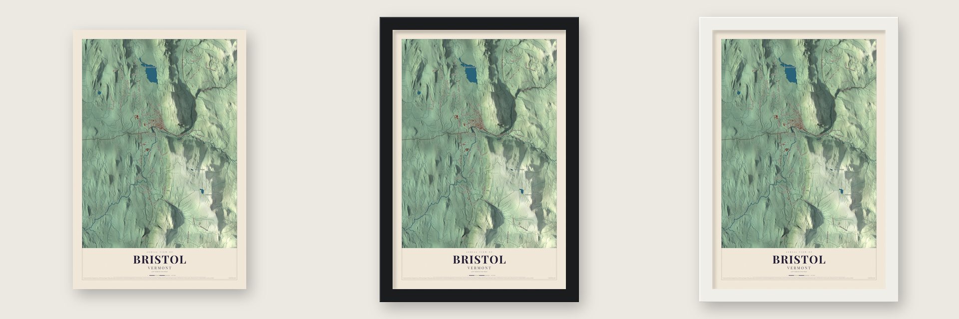 Bristol, Vermont map unframed, in a black wood frame and in a white wood frame