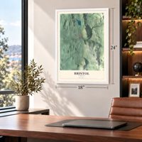 Bristol, Vermont map, 18 x 24 inch print in a white frame in a home office