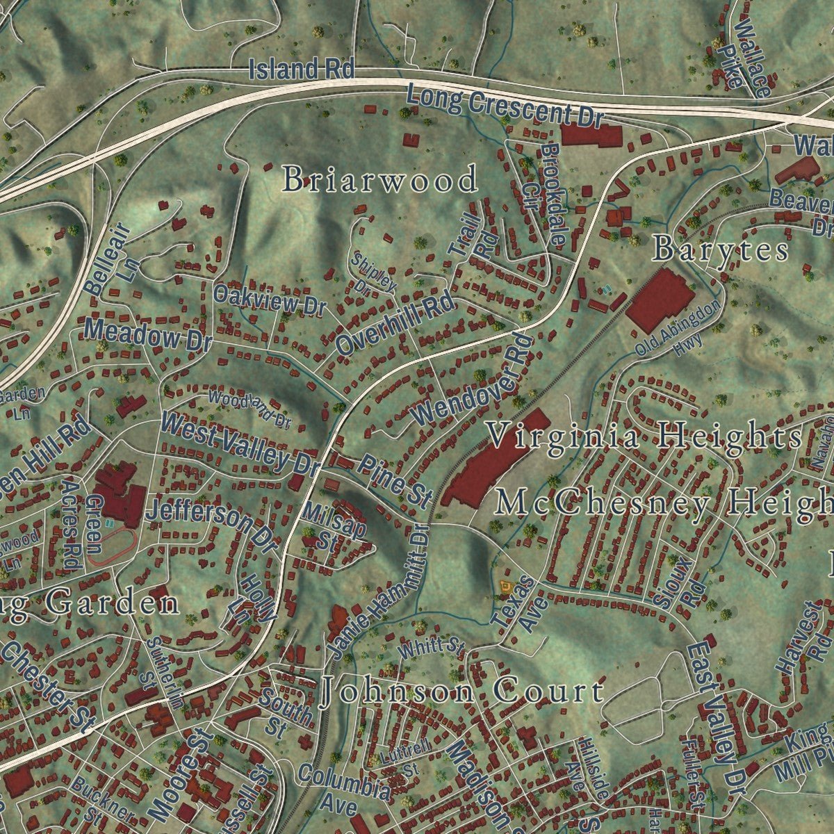 Second close-up of the map of Bristol, Virginia print showing more streets and buildings