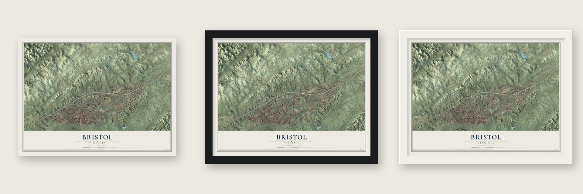 Bristol, Virginia map unframed, in a black wood frame and in a white wood frame